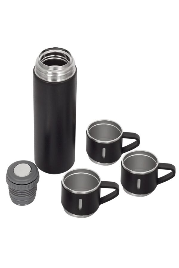 PASLANMAZ ÇELİK TERMOS ÜÇ BARDAKLI KUTULU SET SİYAH 500 ML - Görsel 3